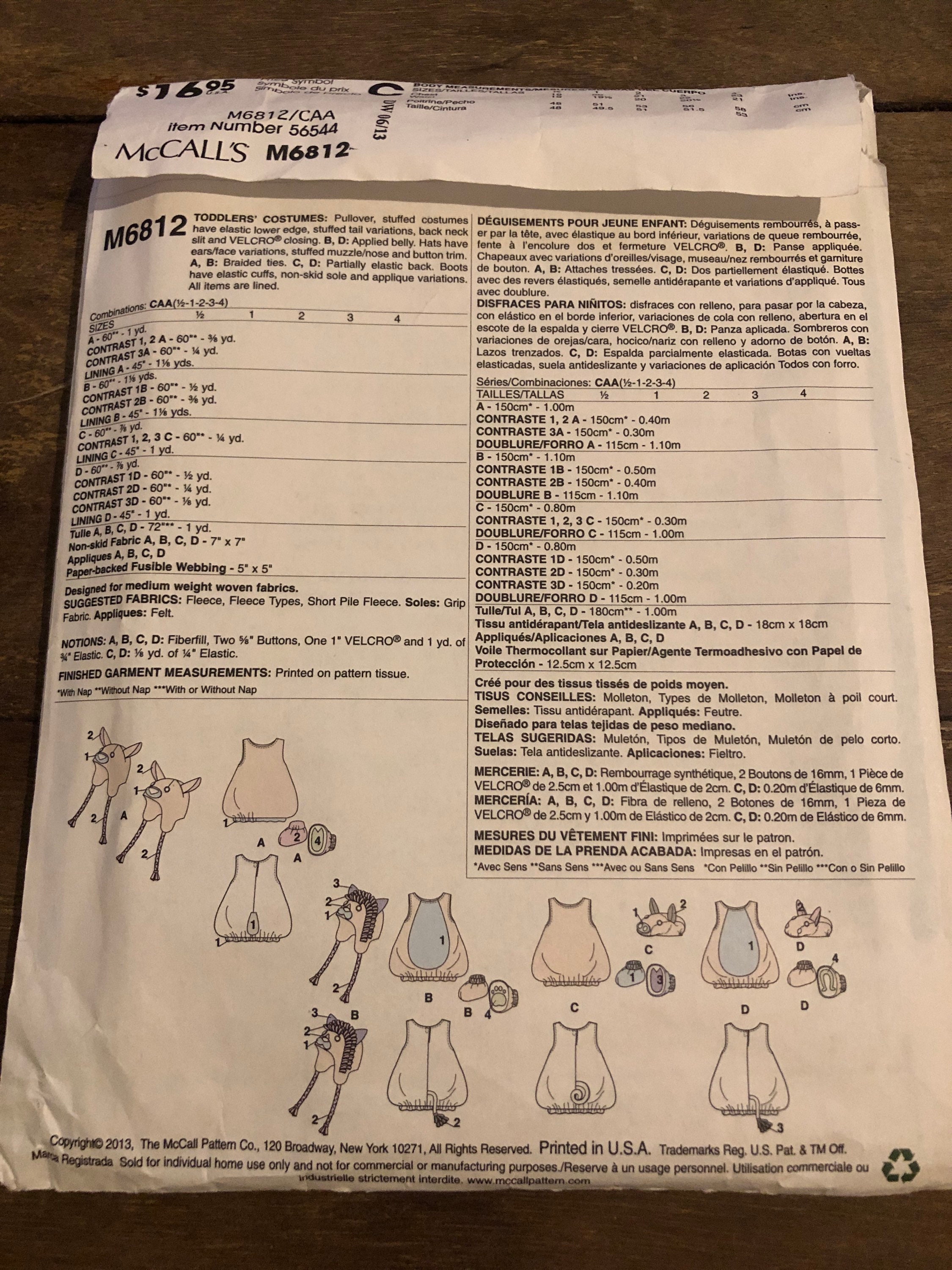 Childrens Animal Costume Sewing Pattern Mccalls M6812 Etsy