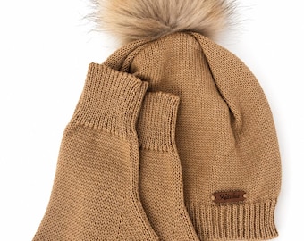 Merino Wool Knitted Winter Set: Beige Hat with Fur Pompom & Crochet Fingerless Gloves