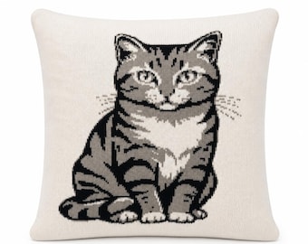 Knitted Cat Pillow Cover | Monochrome Cat Cushion | Linen Back, Hidden Zipper