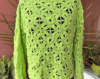 Crocheted Light Green Top With Long Sleeved Lace Motif, Lacy Flower Motif, 100% Mohair, Hand Knit Blouse