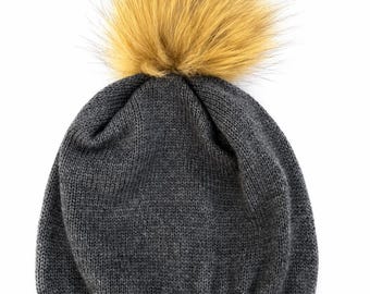 Handcrafted Dark Grey Merino Wool Beanie with Plush Ball
