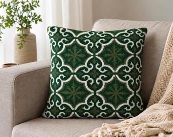 Green Jacquard Knit Pillow Cover | Merino Wool Nordic Cushion