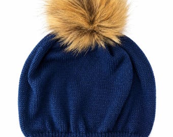 Royal Blue Merino Wool Hats with Plush Ball Handcraft
