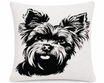 Dog Pillow Cover with Yorkshire Terrier Portrait, Knitted Merino Wool Cushion