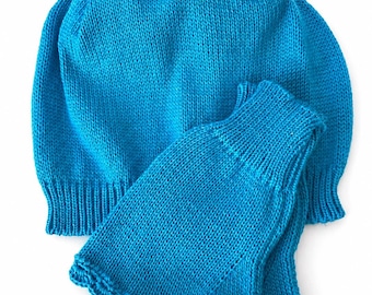 Bright Blue Cotton Wool Beanie and Fingerless Gloves Set | Slouchy Hat | Winter Gift for Women