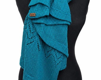 100% Merino Wool Oversized Knit Scarf, Charcoal Gray Lace Wrap Shawl Turquoise