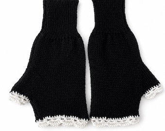 Black Knit Fingerless Gloves with White Handmade Lace: Merino Wool Arm Warmers