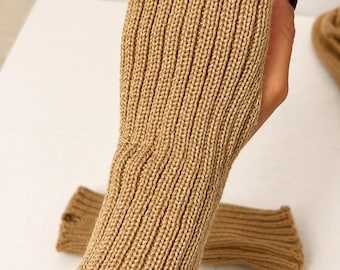 Beige Wool Fingerless Gloves, Ribbed Knit Hand Warmers