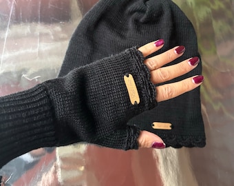 Guanti senza dita in lana merino nera: scaldapolsi in maglia di pizzo all'uncinetto