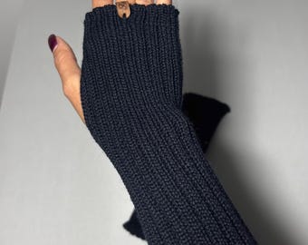 Guanti senza dita in lana nera, scaldamani in maglia a coste