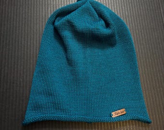 Berretto in lana merino lavorato a mano, cappello morbido con trecce, berretto in lana turchese