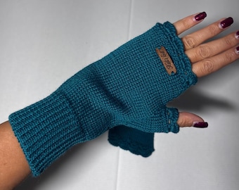 Guanti senza dita turchese fatti a mano / Scaldapolsi in maglia comodi per donna / Accessorio moda invernale