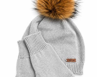 Merino Wool Knitted Winter Set: Grey Hat with Fur Pompom & Crochet Fingerless Gloves
