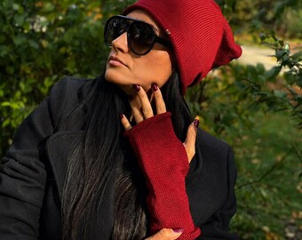Burgundy Merino Wool Hat and Fingerless Gloves Set | Elegance  Wine Red Winter Set