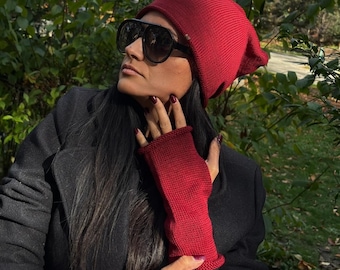 Set composto da cappello e guanti senza dita in lana merino bordeaux / Accessori invernali lavorati a maglia fatti a mano / Set Eleganza Borgogna / Set invernale Rosso Vino