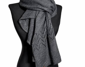 100% Merino Wool Oversized Knit Scarf, Charcoal Gray Lace Wrap Shawl