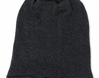 Merino Wool Beanie, Black Slouchy Knit Design