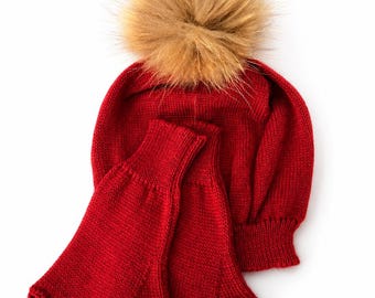 Burgundy Merino Wool Knitted Winter Set: Red Wine Hat with Fur Pompom & Crochet Fingerless Gloves