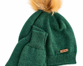 Merino Wool Knitted Winter Set: Forest Hat with Fur Pompom & Crochet Fingerless Gloves