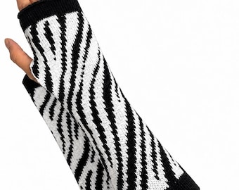 Black and White Zebra Print Knit Fingerless Gloves | Merino Knitted Mittens