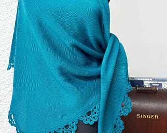 Turquoise Wool Merino Triangle Scarf | Knitted Lace Shawl for Women | Extra Large Winter Headwrap | Handmade Wool Neck Warmer