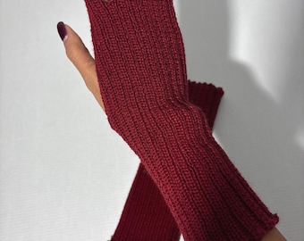 Guanti senza dita in lana rossa: scaldamani in maglia a coste