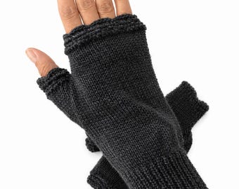Crochet Fingerless Gloves: Dark grey Wool Arm Warmers