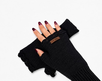 Black Merino Wool Fingerless Gloves: Crochet Lace Knit Wrist Warmers