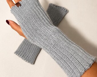 Wool Fingerless Gloves: Ribbed Knit Hand Warmers, Gray Mittens