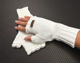 Guantes sin dedos de crochet: calentadores de brazos de lana blanca