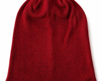 Hand Knitted Burgundy Merino Wool Beanie, Cabled Slouchy Hat, All Sizes Hat, Adult Beanies