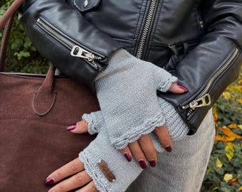Guantes sin dedos de lana de ganchillo: Calentadores de brazos grises