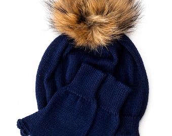 Royal Blue Merino Wool Knitted Winter Set: Dark Blue Hat with Fur Pompom & Crochet Fingerless Gloves