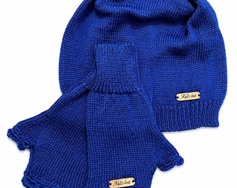 Royal Blue Merino Wool Slouchy Beanie and Gloves Set | Minimalist Knitwear Accessories