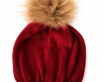 Burgundy Merino Wool Hats with Plush Ball, Handcraft Removable Pom Pom Knitted Beanie