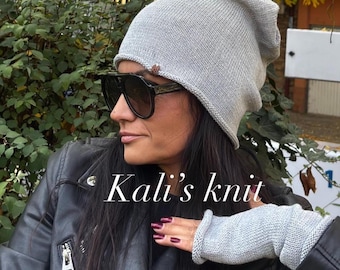 Grey Merino Wool Slouchy Beanie and Fingerless Gloves Set | Handmade Knit Winter Set | Gift for Her