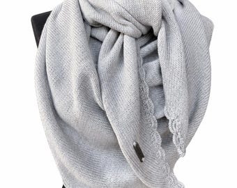 Handmade Merino Wool Triangle Scarf: Grey Crochet Lace Shawl