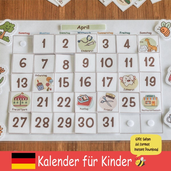 Kalender für Kinder  Kinderkalender Wandkalender Montessori Kindergarten Vorschulmaterial Druckbar Kita PDF Routineplaner  Routine Chart