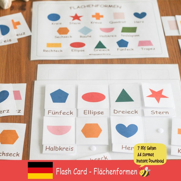 Formen Flash Card Montessori Wort Karten Instant Download Vorschulmaterial Druckbar 3 teil wort flashcard Flächenformen flash  Deutsch