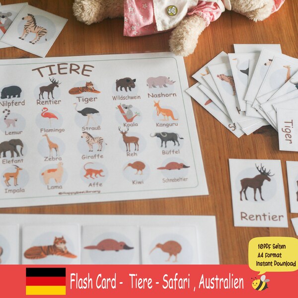 Flash Card Tiere 3 teil karten Vorschulmaterial Druckbar Montessori Wort LearnKarten Africa  Safari  Australien Tiere Card Instant Download