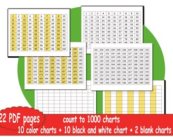 count to 1000 charts,10 Printable Number Charts, Numbers 1-1000 Wall Charts/Worksheetss, Digital Download, Classroom Charts PDF,