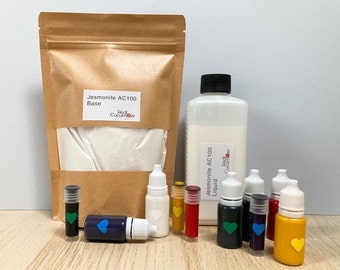 Kit de démarrage Jesmonite pour projets de bricolage, poudre, liquide et pigments de base de jesmonite.