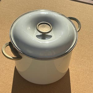 May include: A white enamel cooking pot with a matching lid. The pot has brass-colored handles and a brass-colored knob on the lid. The pot is sitting on a brown surface.