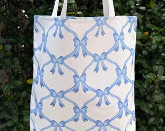 Blue Bows Tote Bag, Coquette Aesthetic, Grandmillennial Style