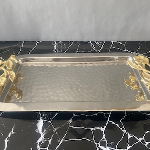 Gorgeous Serving Tray, Rectangular Silver Color Serving Tray With Gold Handles, Kitchen Decor, Vintage Hammered Serving Tray