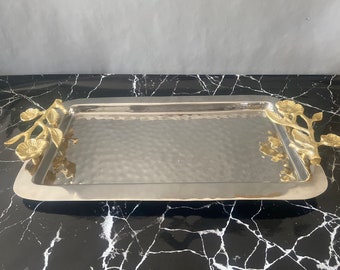 Gorgeous Serving Tray, Rectangular Silver Color Serving Tray With Gold Handles, Kitchen Decor, Vintage Hammered Serving Tray