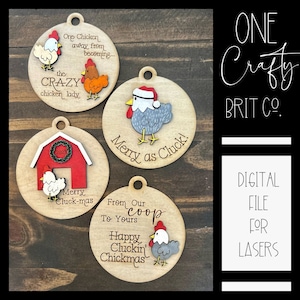 Set of 4 Chicken Christmas Ornaments - DIGITAL FILE