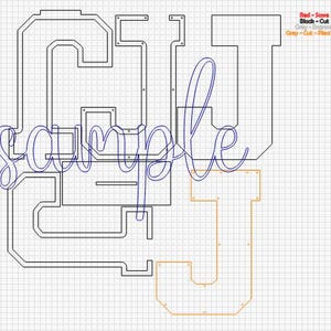 May include: A digital design file for a craft project featuring the letters "G" and "J" in a block font style. The letters are outlined in black and filled in with orange. The word "sample" is written in blue cursive script over the letters.