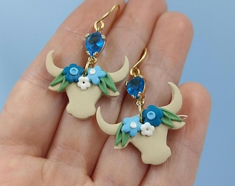 Floral Cow Earrings | Handmade Polymer Clay | Bull Jewellery | Australian Made | Farm Girl | Pwetty Polly | Animal Earrings | Boho Cow