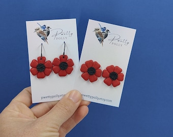 Red Poppy Dangle Earrings - Pwetty Polly - Polymer Clay Earrings - Floral Earrings - Australian Earrings - Handmade